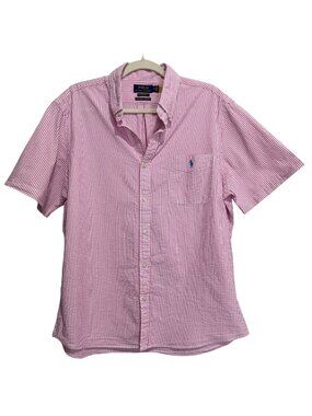 Polo Ralph Lauren Mens XL Shirt Seersucker Pink Stripe RL Untucked Fit Button-Up